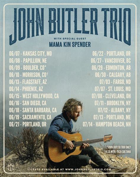 John butler trio tour - You can buy John Butler Trio tickets from Vivid Seats with confidence thanks to the Vivid Seats 100% Buyer Guarantee. Additionally, Vivid Seats was named No. 1 in the ticketing category on Newsweek's list of Best Customer Service three years in a row, from 2020-2022. If John Butler Trio has currently scheduled tour dates for 2024 or 2025, they ...
